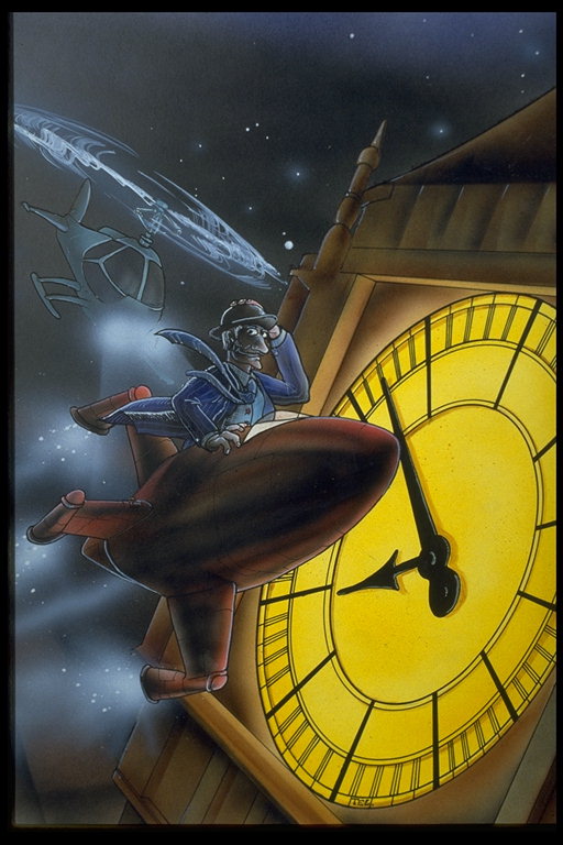 Мужчина на летающем корабле возле башни с часами