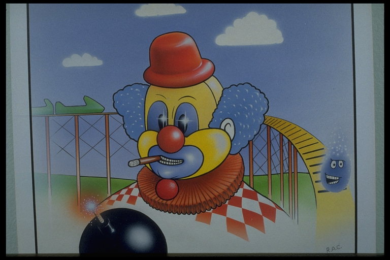 Clown mit einer Zigarette und Sprengstoffen