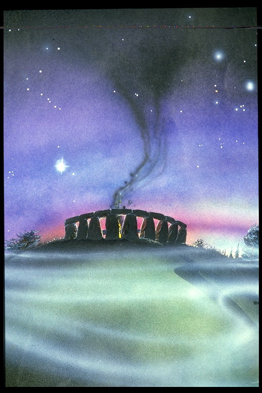 Stonehenge. Plavo nebo magla i ružičasta