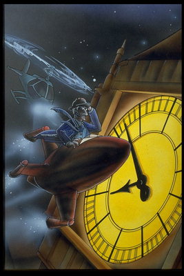 Чоловік на літаючої кораблі біля башти з годинником