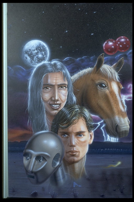 Moon, en hest, kvinde, ung mand, leder af robot