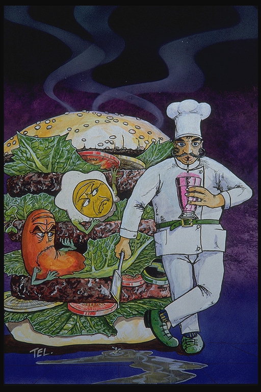 Cook and a giant hamburger with living ingredients