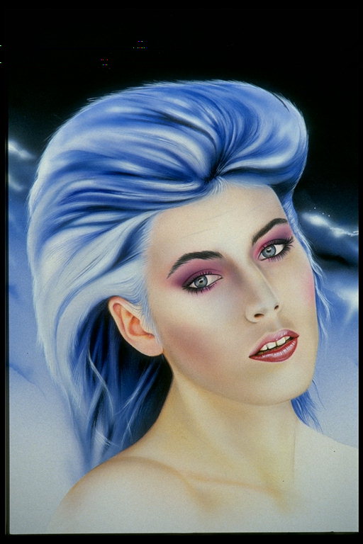 Garota con espesso cinzento cabelo e ollos azuis