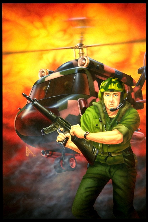 Landning med helikopter. Soldat med radio