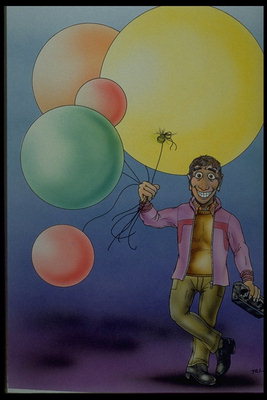 Mies värikkäitä ilmapalloja