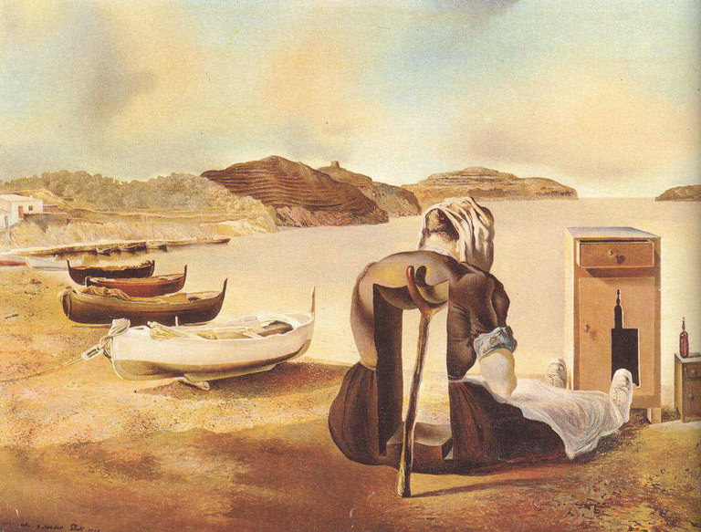 Vaixells vinculats a la riba. Un home assegut a prop del llit del costat dels quadres