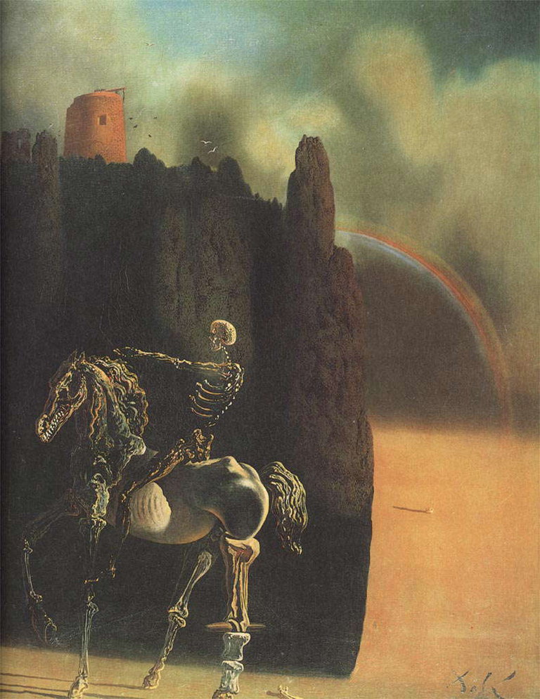 Skelett av en häst och en man sitter grensle ett skelett. Den övre delen av slottets torn