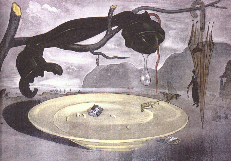 Большая белая тарелка и чёрная телефонная трубка из которой капает капля воды