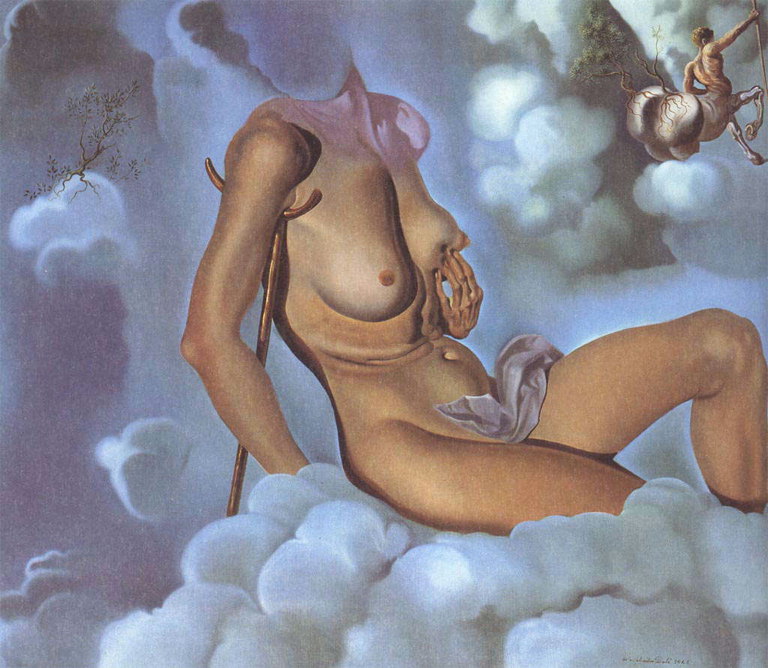 Corpo de mulher nua sentada sobre uma nuvem