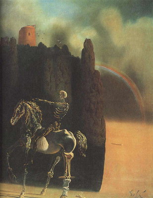 Skelett eines Pferdes und ein Mann sitzen rittlings auf ein Skelett. Der obere Teil der Burg