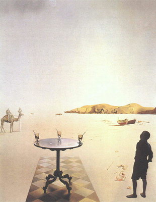Tabulka se sklenicí poušti. Camel a Man