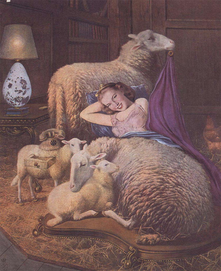 Лежащая девушка среди овец