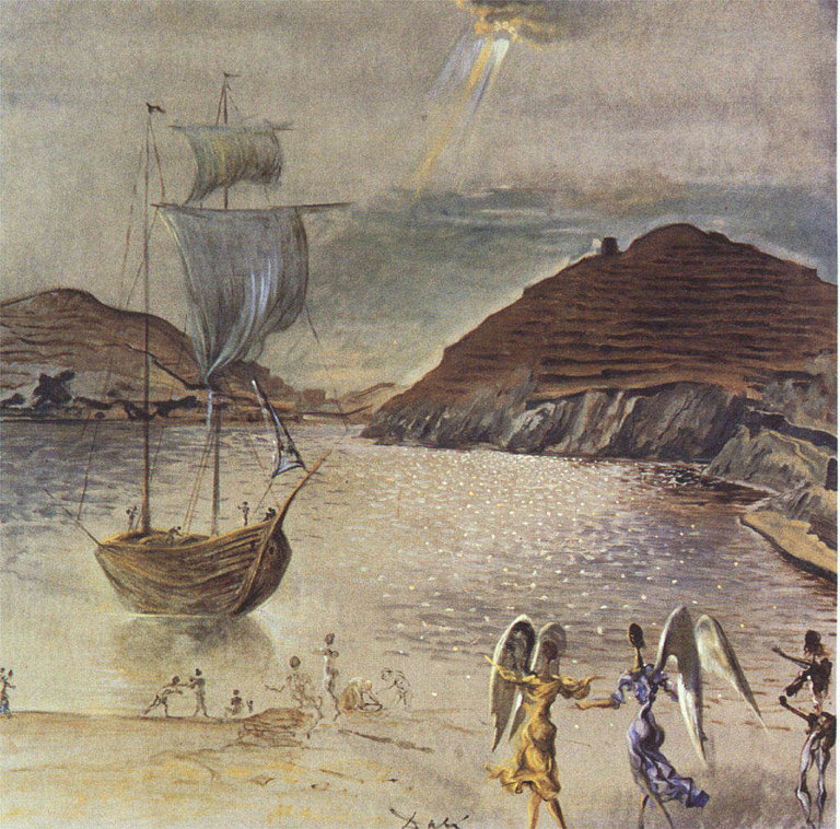 Pintura de la nave en el mar con las montañas