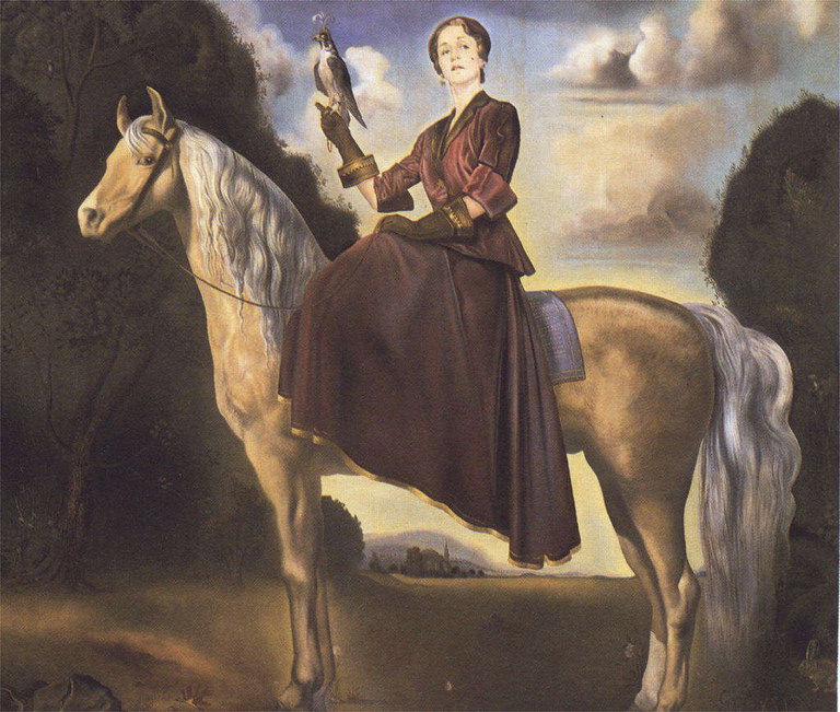 हाथ में एक पक्षी के साथ एक घोड़े पर एक औरत