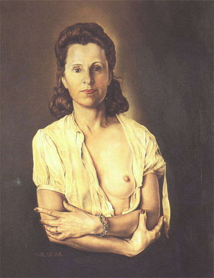 Portrait of a woman with one bare breasts