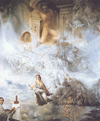 Женщина с крестом, голое тело и голова в небесах