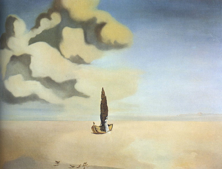 The boat of the desert. A woman in a boat in a white dress