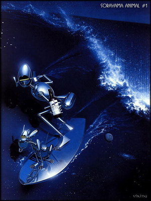 Roboter auf dem Board zum Surfen im Meer der Nacht