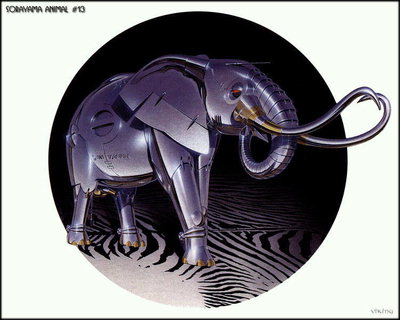 Den mekaniska elefant med långa betar. Ett djur i en ljus lila färg