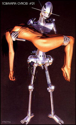 Naked menina nas mãos de um frio metálico robô