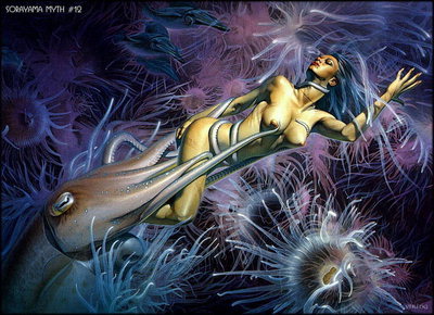 A muller no fondo do mar, rodeado por auga-viva e unha enorme lula