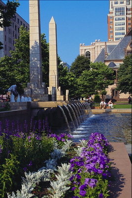 Фиолетовые и бледно-зеленые цветы возле фонтана