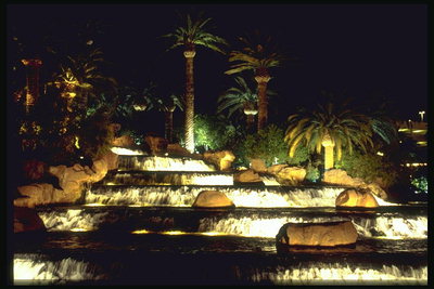 Нощен фонтан в Лас Вегас. Красива палмови дървета в близост до фонтана
