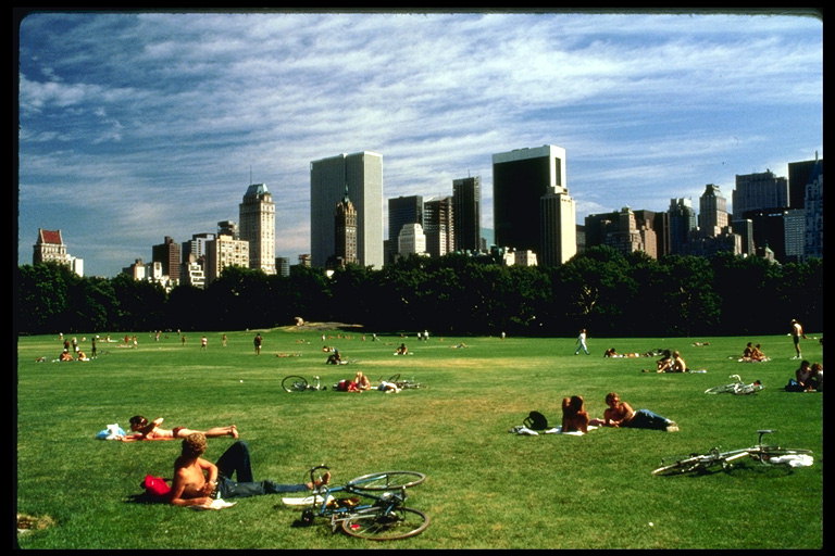 Zvyšok ľudí na trávniku na jar v New Yorku