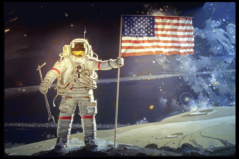 Космонавт с американским флагом на поверхности планеты