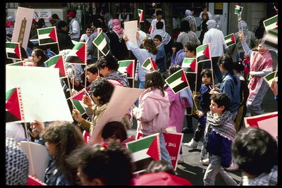 Группы людей с флагами в руках на улице города