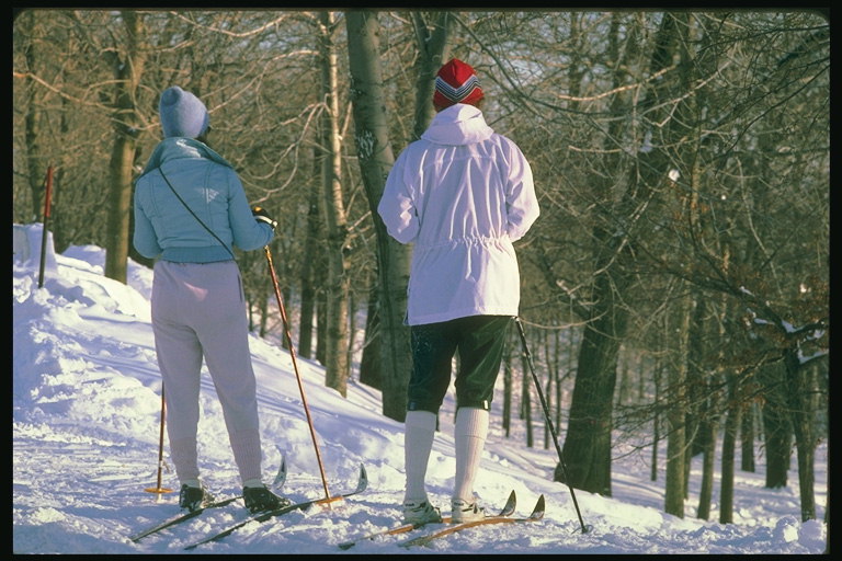 Девушки в на спуске горы с лыжами