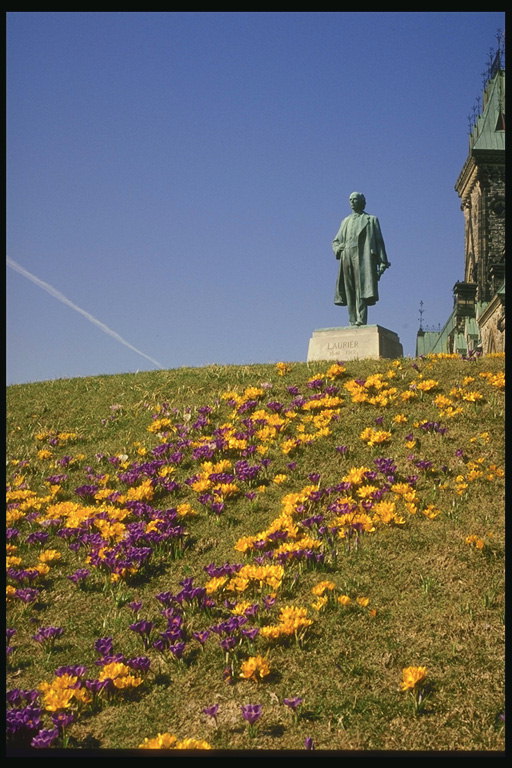 चमकीले रंगों के साथ एक पहाड़ी पर बोया कनाडा में प्रसिद्ध आंकड़े के मूर्तिकला