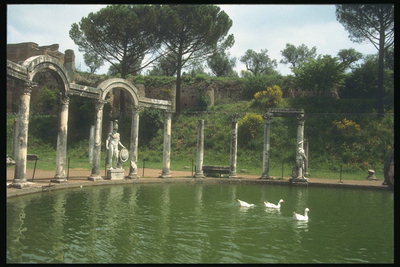 Озеро с плавающими лебедями. На берегу статуи людей и колонны