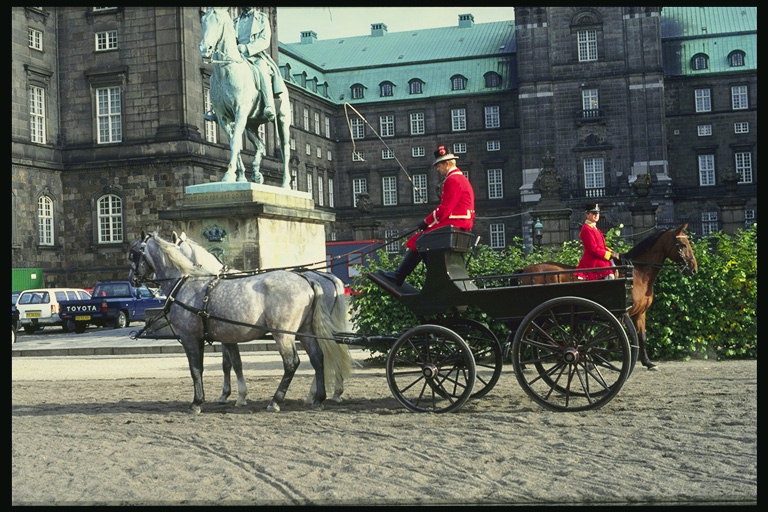 Повозка с лошадьми на площади города