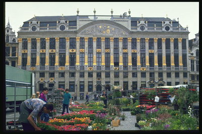 Цветы с горшках на площади у дворца