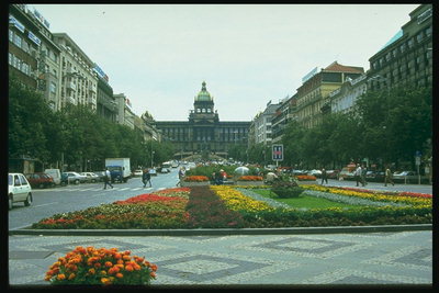Газон с цветами в центре площади