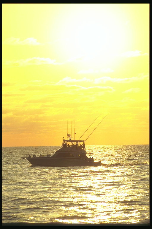 Яркое слепящее солнце окрашивает поверхность моря в желтоватый оттенок. Рыбацкий моторный катер 