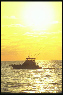 Яркое слепящее солнце окрашивает поверхность моря в желтоватый оттенок. Рыбацкий моторный катер 