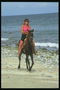 Женщина в красной футболке с удовольствием проезжает на лошади вдоль моря