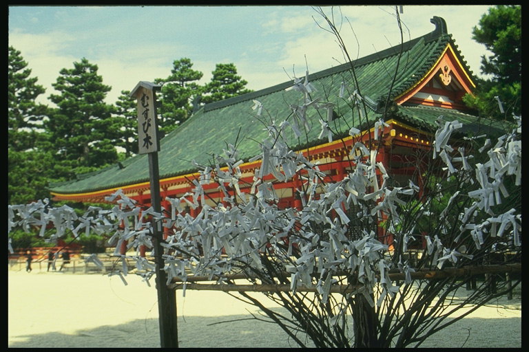 Дома в японском стиле в окружении деревьев