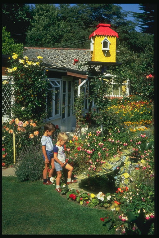Due figli camminando nel giardino da stagno