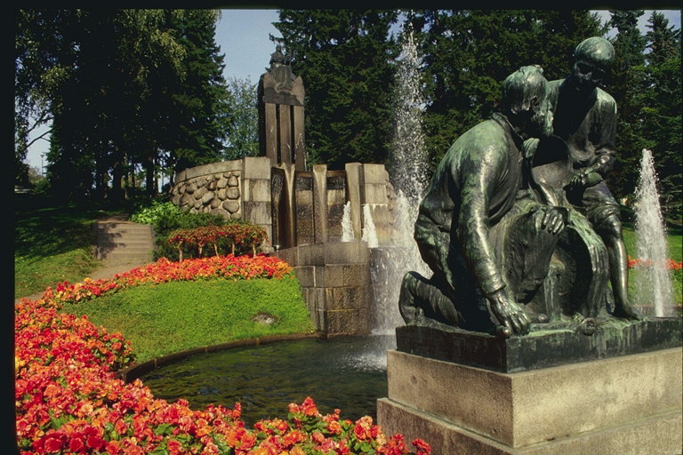 雕塑公园。 喷泉，花坛
