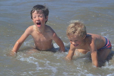 Мальчишки играют в воде на берегу