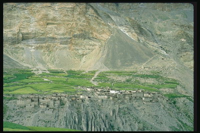 Равнина с зеленой сочной травой на горном массиве