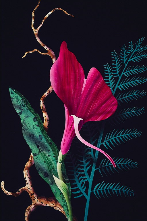 Il-kompożizzjoni ta \'roża orchid u felċi fergħat.