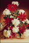 Rudens kompozicija baltos gėlės ir raudonos lapus.