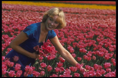 Una ragazza in un campo di tulipani rosa