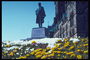 Ang dalisdis ng lila at kulay-dilaw na tulips sa ilalim ng snow. Monument