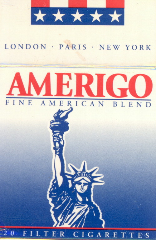 Amerigo- пачка сигарет с изоражением статуи Свободы, синий фон