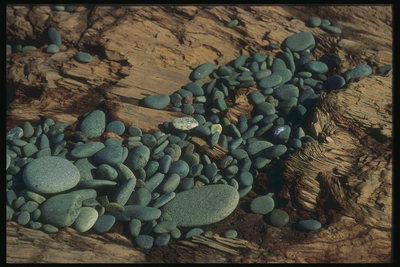 Гладкие и плоские камни темно-серого цвета на темно-коричневых скалах